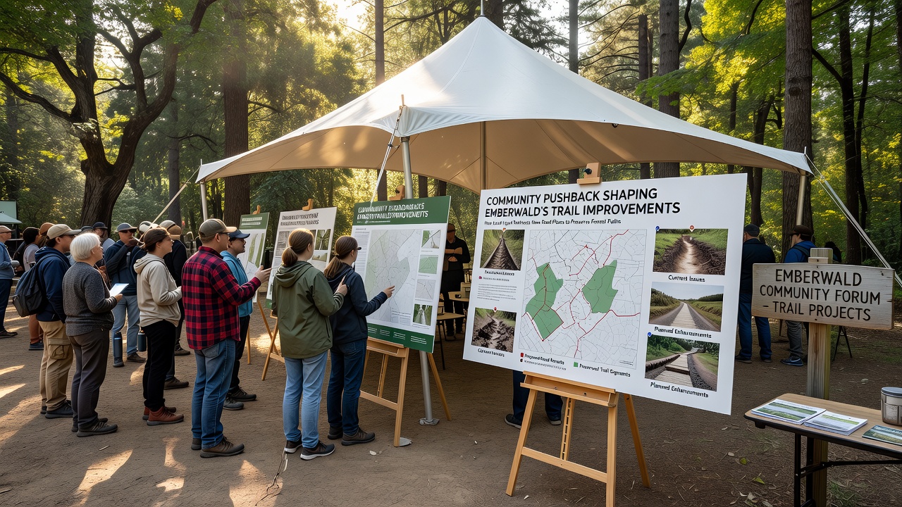 Workers installing drainage features on an Emberwald trail while residents review updated maps during an on-site consultation